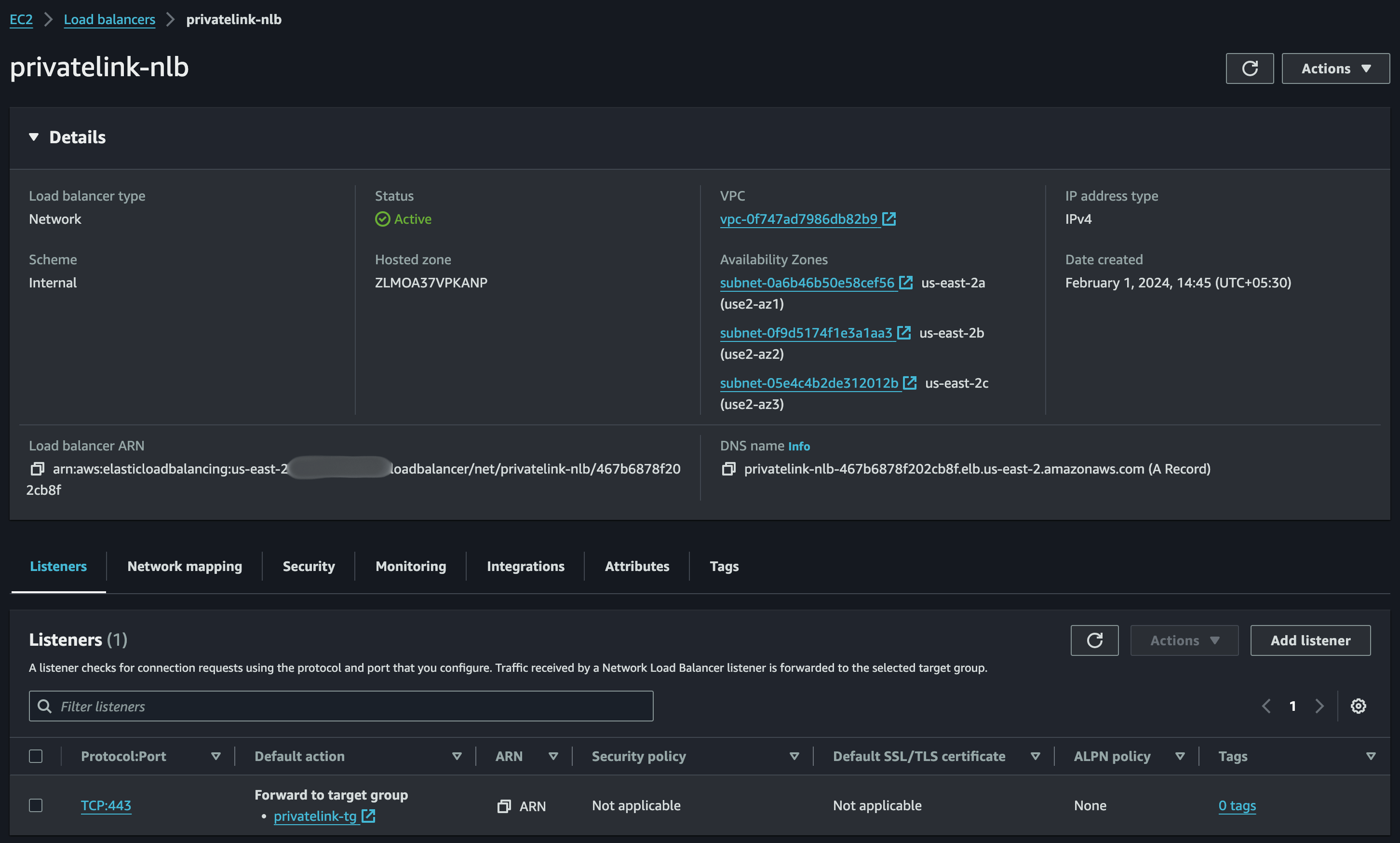 Internal Network Load Balancer configuration with a TCP 443 listener