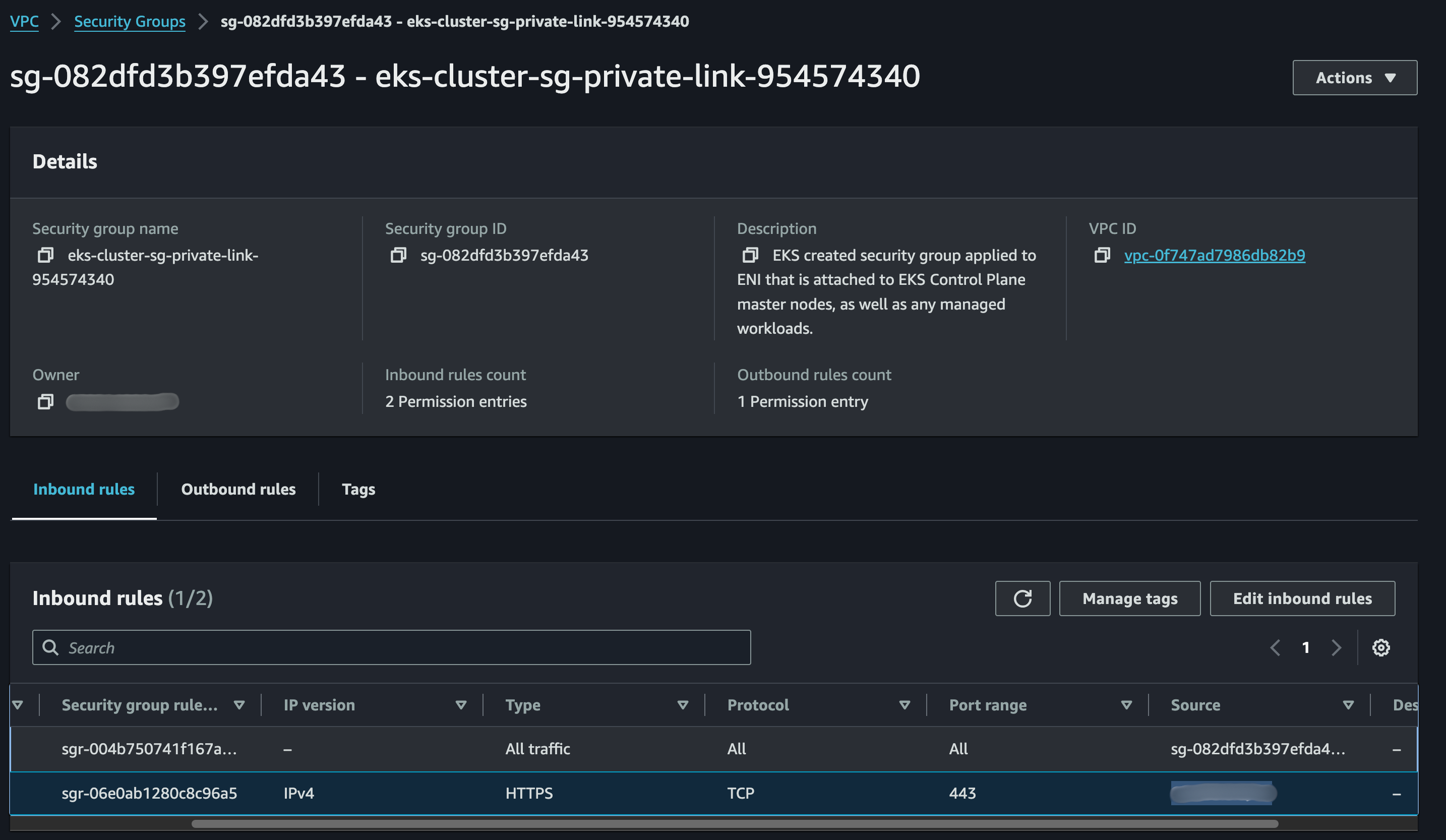 EKS cluster security group inbound rule allowing port 443 from the e6data VPC CIDR