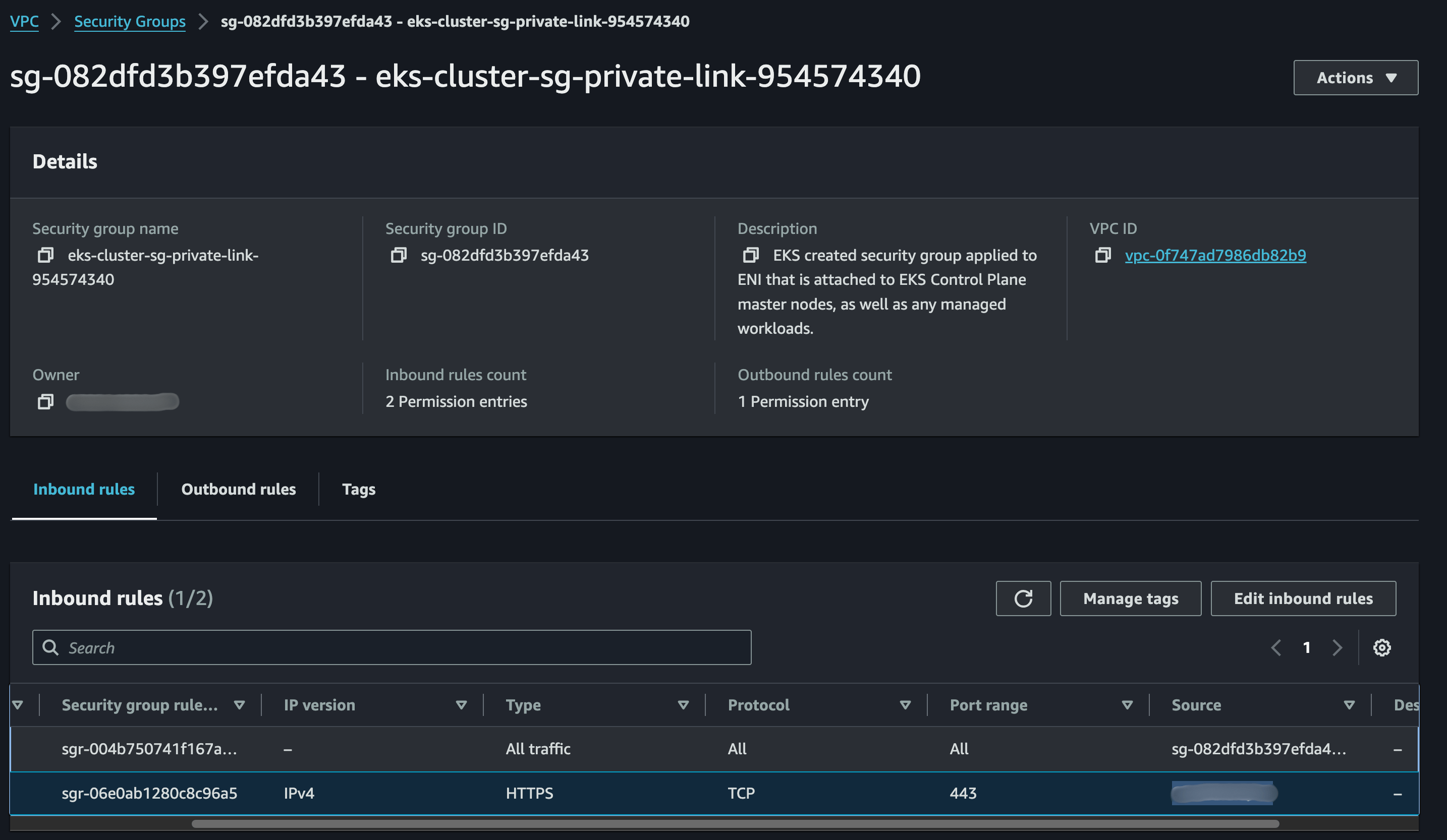 EKS cluster security group inbound rule allowing port 443 from the e6data VPC CIDR