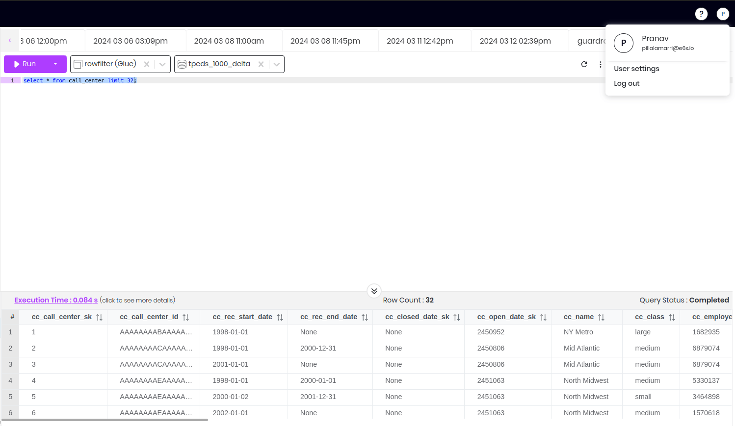 Query results with the cc_call_id column unmasked for user Pranav