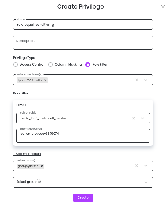 Create row filter privilege form
