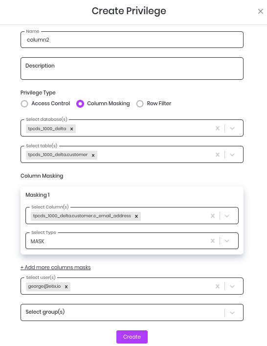 Create column masking privilege form