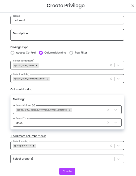Create column masking privilege form