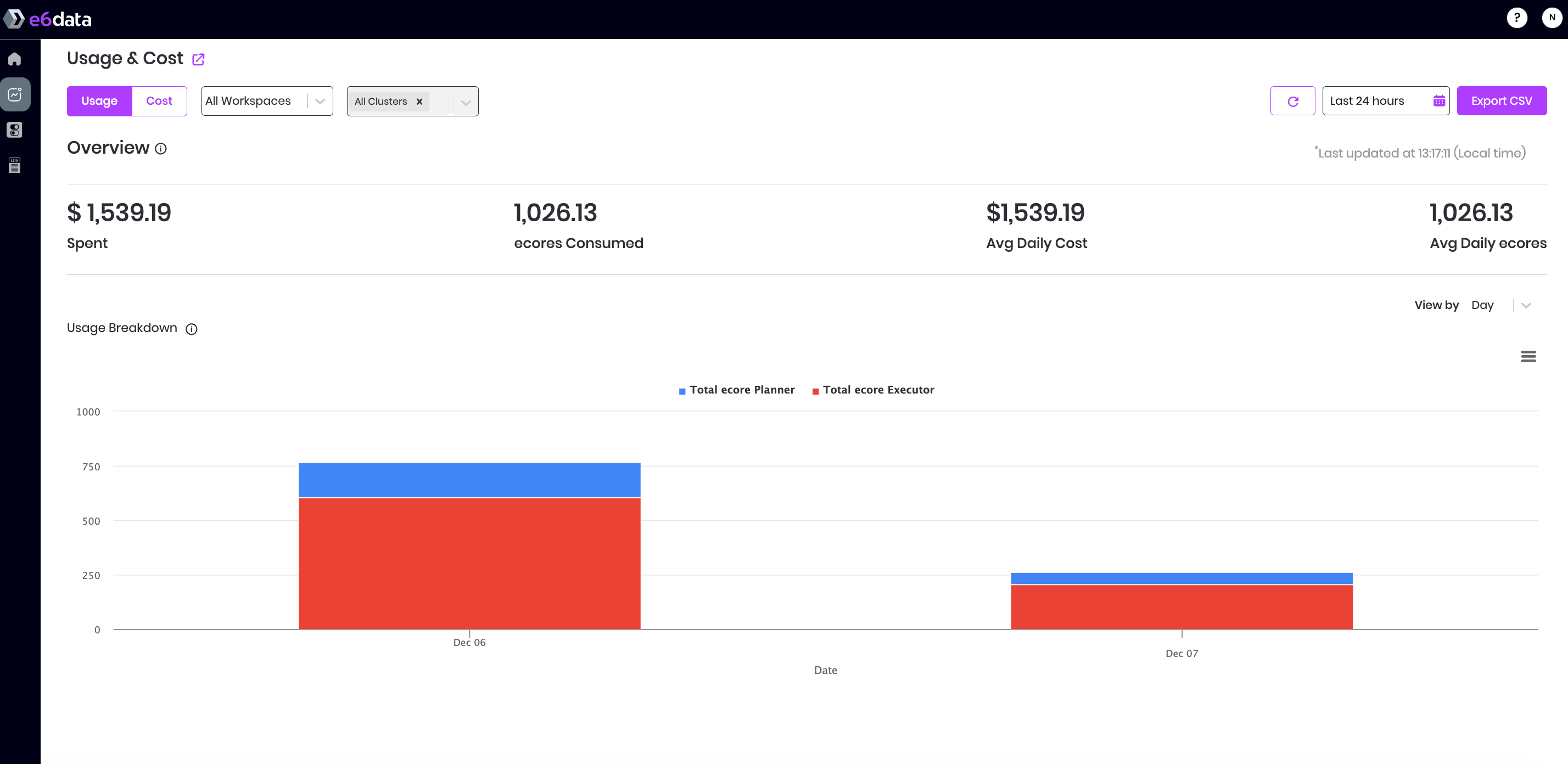 Usage tab with date, workspace, and cluster filters