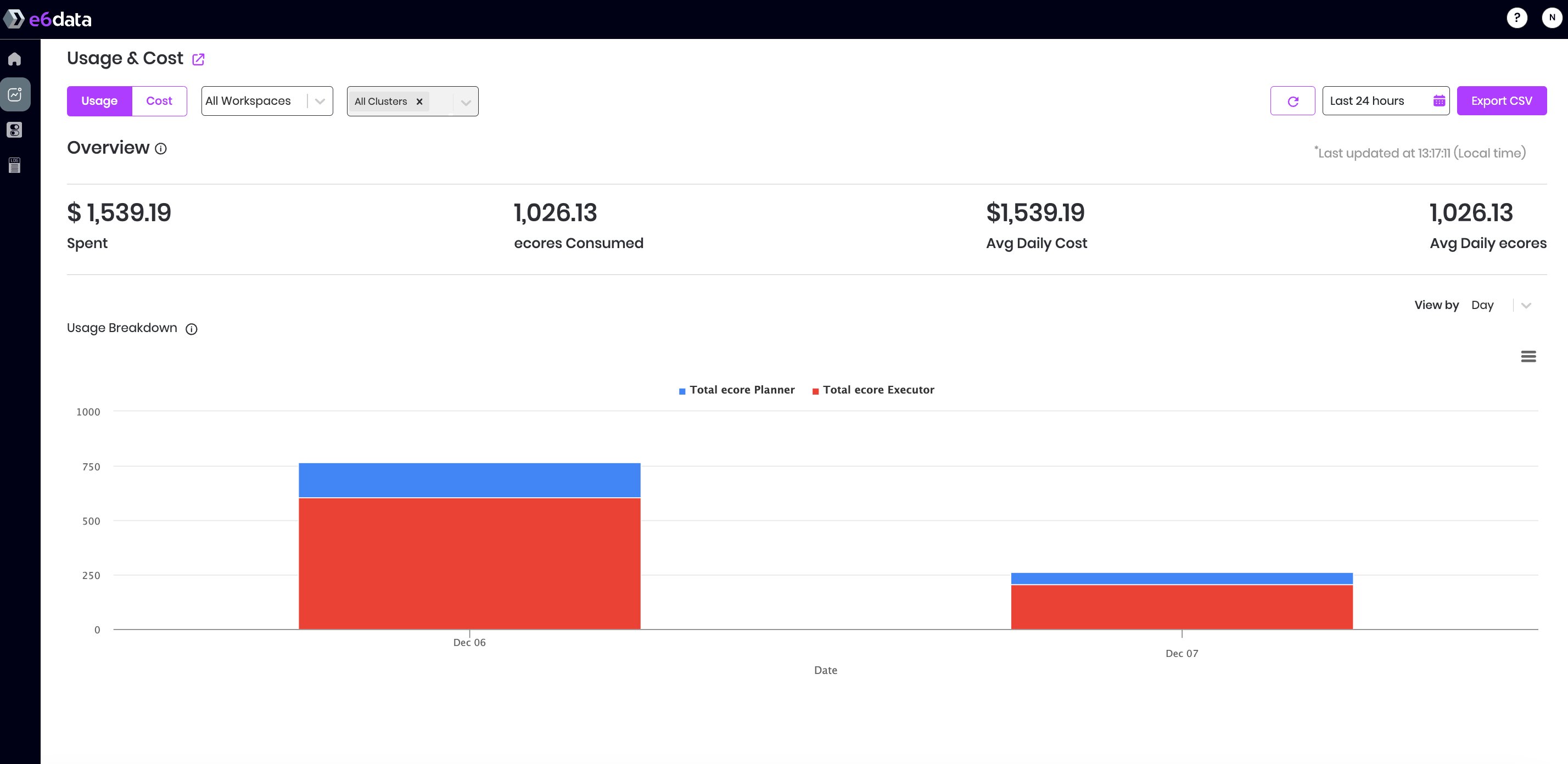 Usage tab with date, workspace, and cluster filters