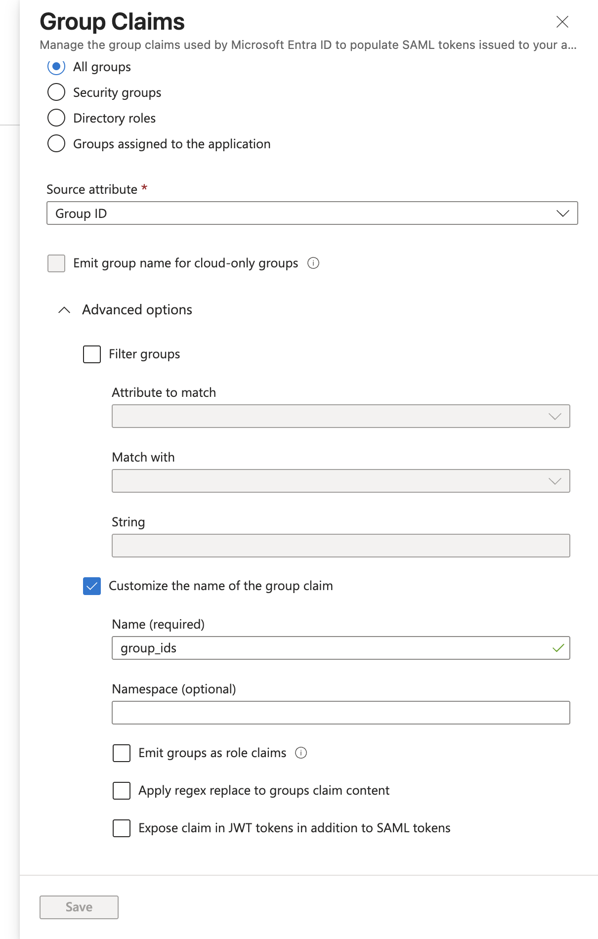 Azure group claim settings with Security groups, Group ID format, and the claim name customized to group_ids
