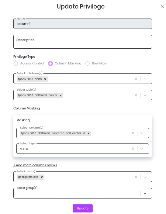 Update column masking privilege form