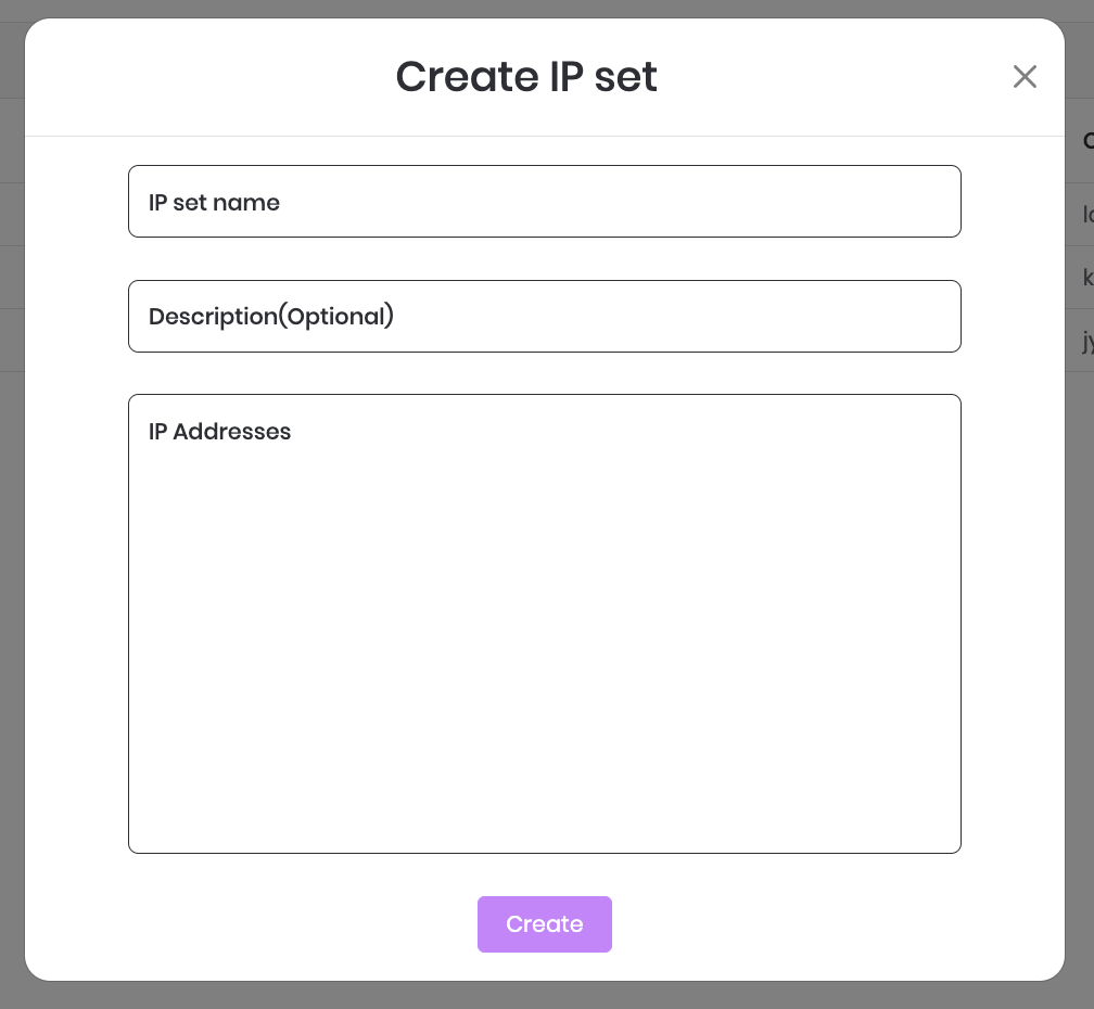 Create IP Set form with name, description, and IP address fields