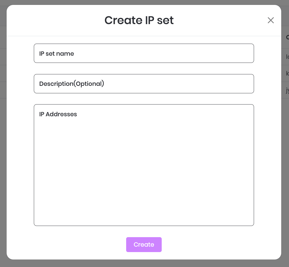 Create IP Set form with name, description, and IP address fields