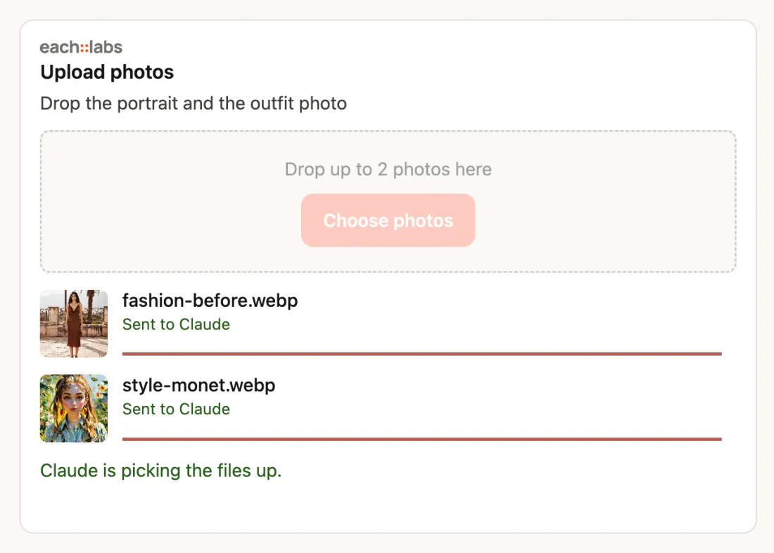 each::labs Upload photos card with a drop area and a Choose photos button. Two files are listed with thumbnails, each marked as sent, and a line saying the chat is picking the files up.