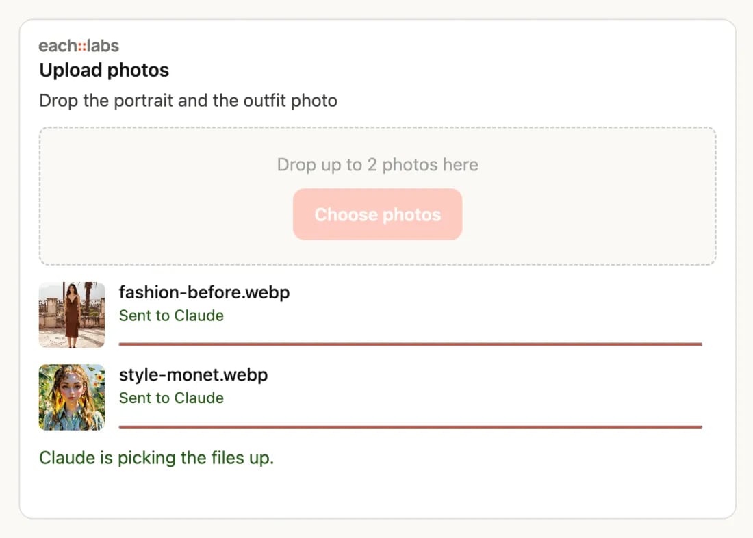 each::labs Upload photos card with a drop area and a Choose photos button. Two files are listed with thumbnails, each marked as sent, and a line saying the chat is picking the files up.