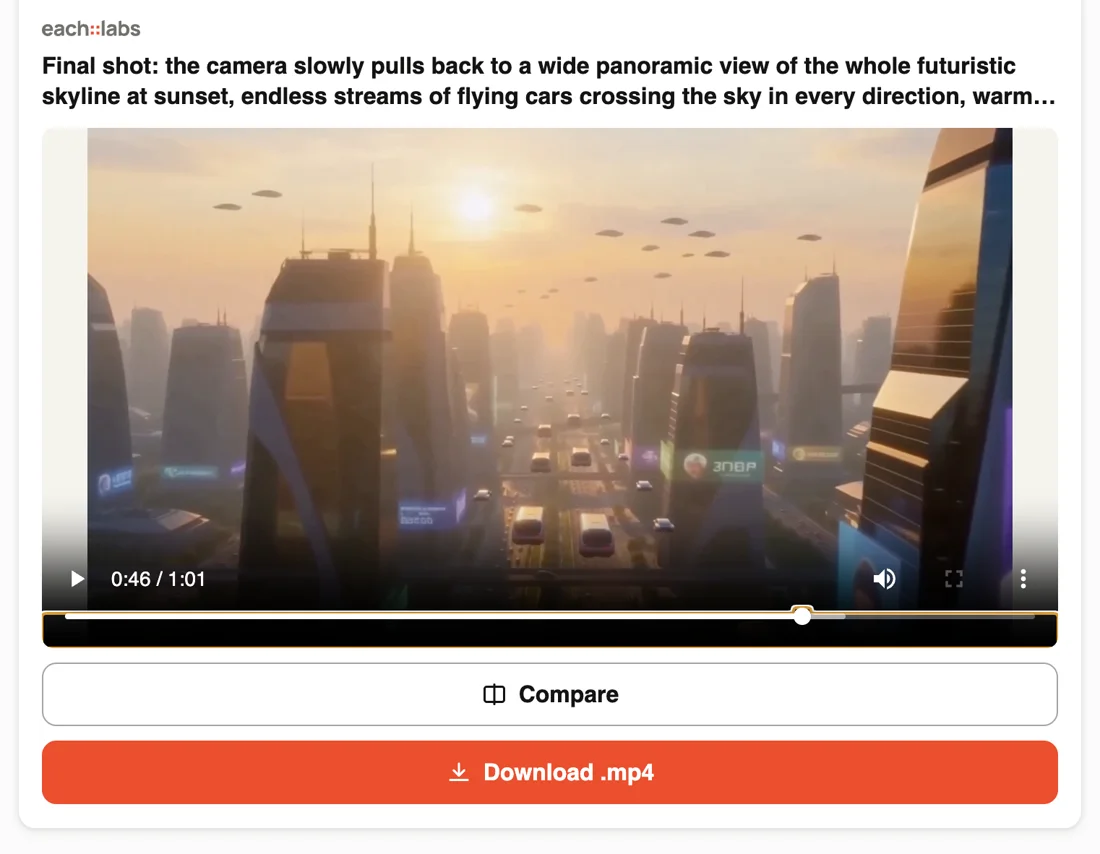 each::labs result card with a video player showing a futuristic city skyline at sunset with flying cars, a Compare button and a Download .mp4 button.