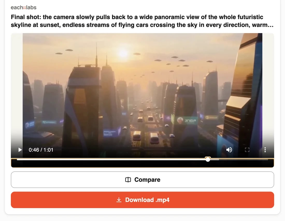 each::labs result card with a video player showing a futuristic city skyline at sunset with flying cars, a Compare button and a Download .mp4 button.