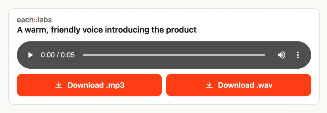 each::labs result card with an audio player and one download button for each format of the clip.