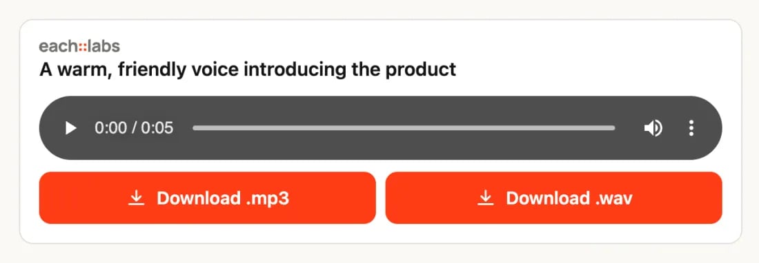 each::labs result card with an audio player and one download button for each format of the clip.