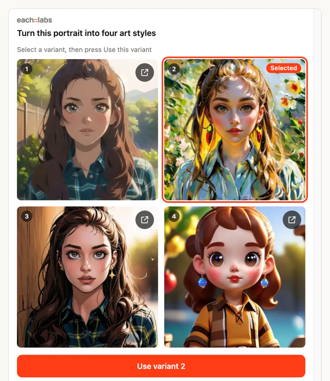 each::labs card titled Turn this portrait into four art styles, showing four images in a grid. The second is marked Selected and the button under the grid reads Use variant 2.