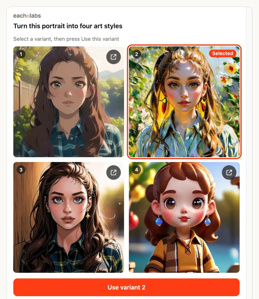 each::labs card titled Turn this portrait into four art styles, showing four images in a grid. The second is marked Selected and the button under the grid reads Use variant 2.