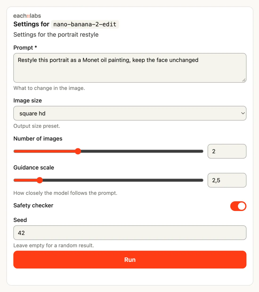each::labs Settings card for the model nano-banana-2-edit with a prompt box, an image size list, sliders for number of images and guidance scale, a safety checker switch, a seed field and a Run button.