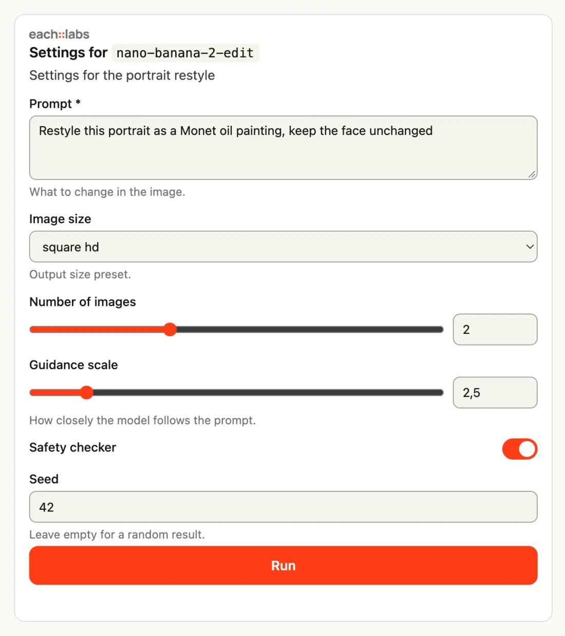 each::labs Settings card for the model nano-banana-2-edit with a prompt box, an image size list, sliders for number of images and guidance scale, a safety checker switch, a seed field and a Run button.