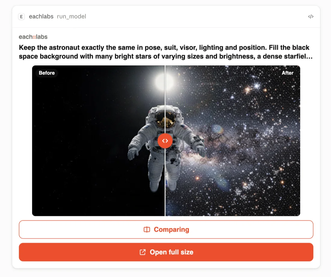 each::labs card with an astronaut floating in space. Left of a round handle is the original photo labelled Before, with a plain black background; right of it is the edited photo labelled After, with the same astronaut in front of a dense field of bright stars.