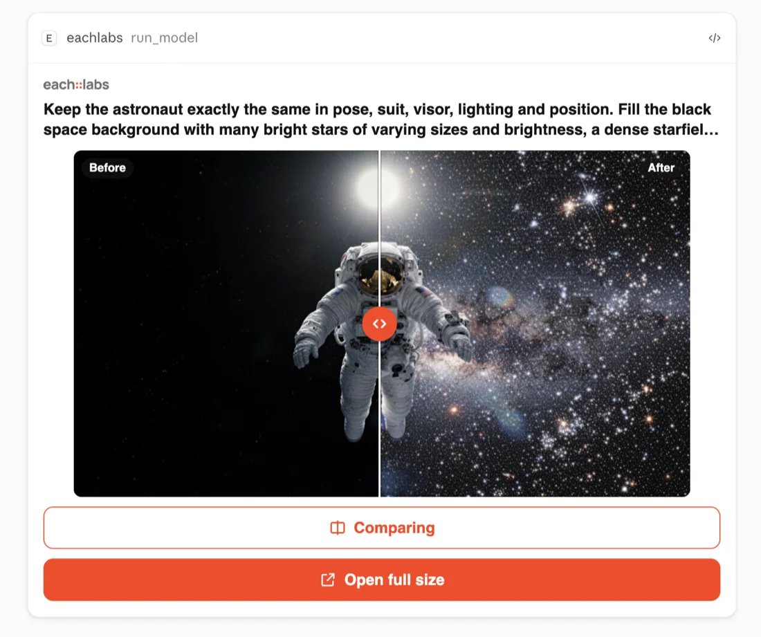 each::labs card with an astronaut floating in space. Left of a round handle is the original photo labelled Before, with a plain black background; right of it is the edited photo labelled After, with the same astronaut in front of a dense field of bright stars.