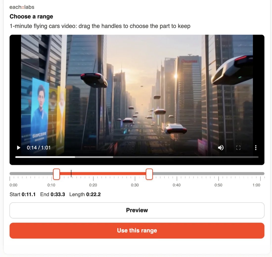 each::labs Choose a range card for a one-minute video of flying cars in a city: a video player, a timeline with two handles set from 0:11.1 to 0:33.3, the start, end and length, and the buttons Preview and Use this range.