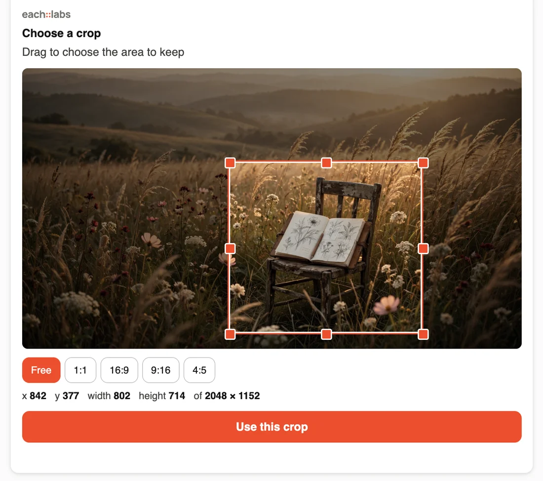 each::labs Choose a crop card showing a photo of a wooden chair with an open sketchbook in a field of wildflowers, with a rectangle and eight handles around the chair, the shape buttons Free, 1:1, 16:9, 9:16 and 4:5 with Free selected, the rectangle's position and size in pixels, and a Use this crop button.