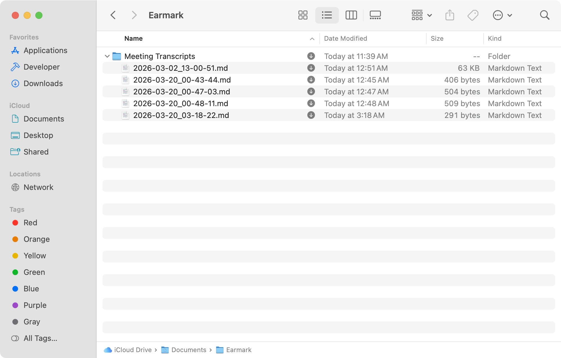Meeting transcripts saved as local markdown files, shown in a file browser.
