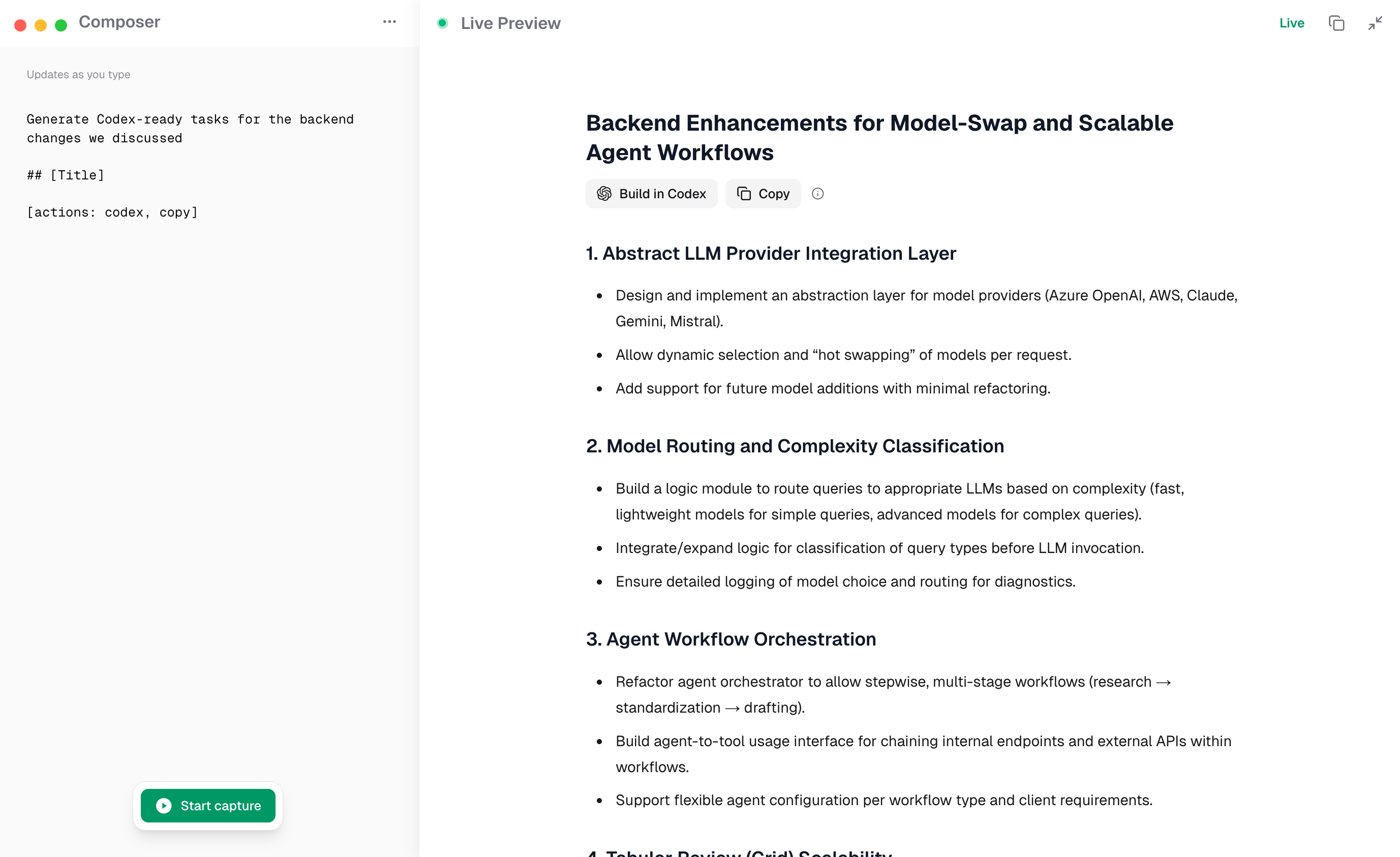 Artifact showing Codex-ready engineering tasks with requirements, constraints, and implementation context.