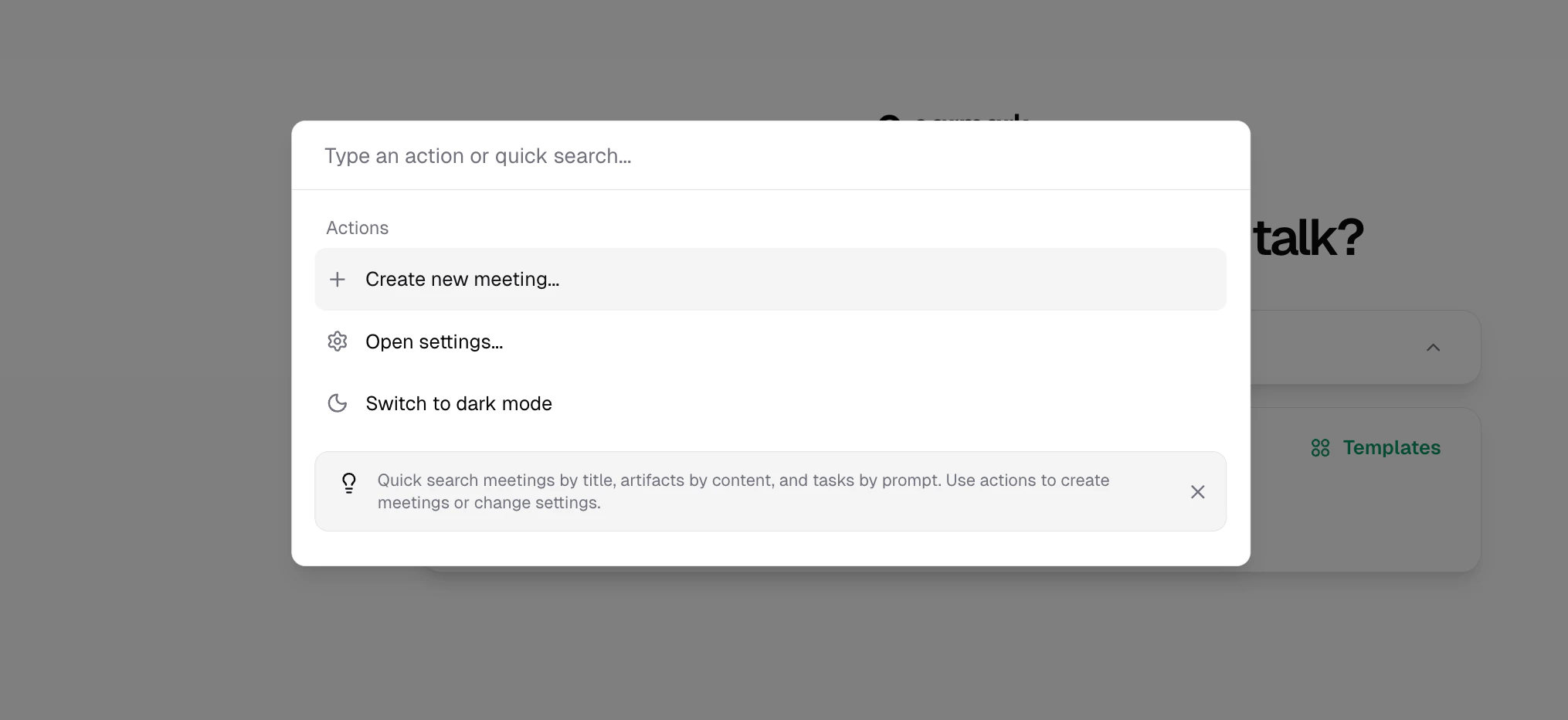 Command menu open with search field and results grouped by meetings, artifacts, and tasks.