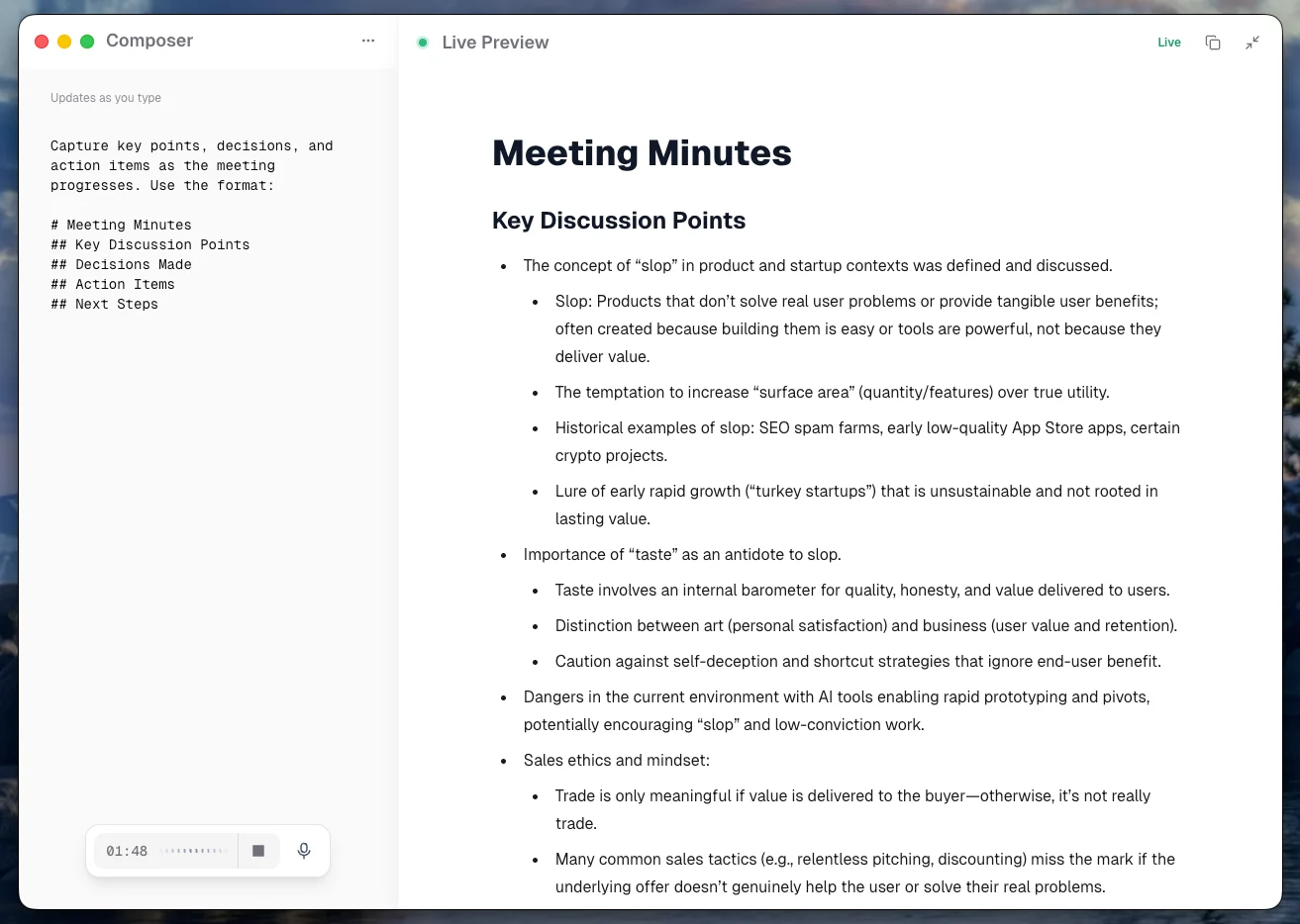 Composer view with prompt editing on the left and a live meeting-minutes preview on the right.