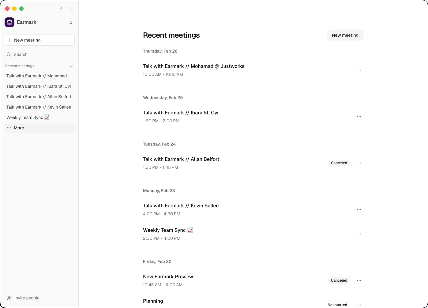Meetings page showing full meeting history with entries grouped by date.