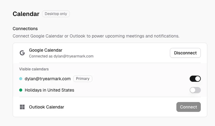 Settings Calendar page showing Google Calendar and Microsoft Outlook connect buttons and calendar visibility options.