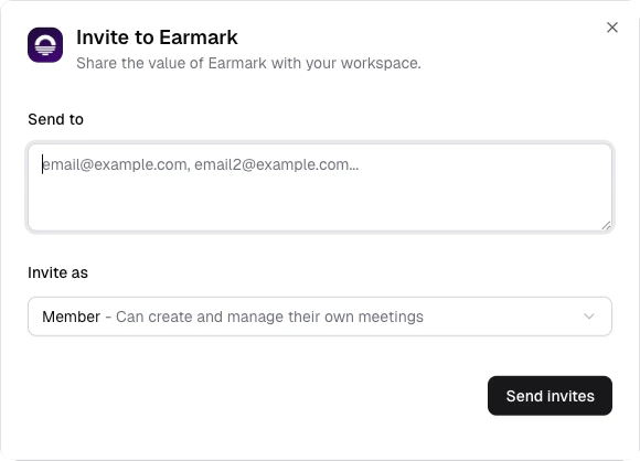 Invite users dialog with email fields and member or admin role selection.