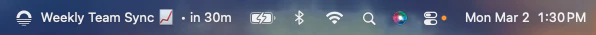 macOS menu bar extras showing Earmark calendar tray with the next meeting title and countdown.