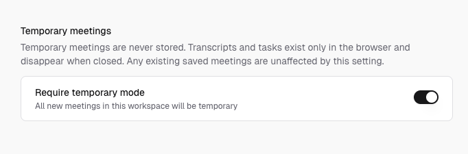Settings Workspace section showing the enforce temporary meetings toggle for the workspace.