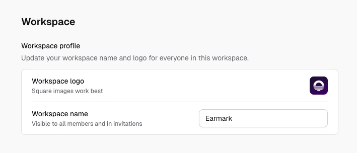 Workspace settings showing workspace name, logo upload, and related workspace-level options.