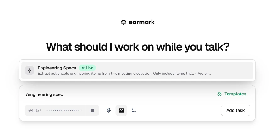 Prompt bar with slash command open and inline template suggestions filtered for engineering spec.