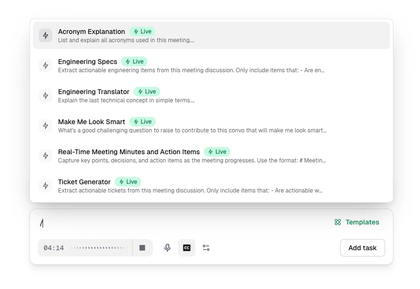 Meeting prompt bar with slash command active and filtered template suggestions in the dropdown.