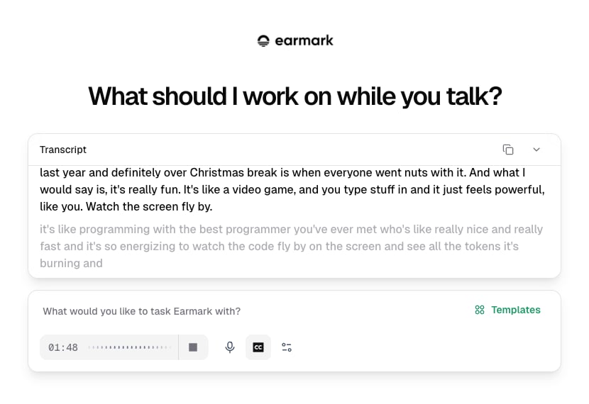 Meeting view with live transcript area shown while transcription is connecting or starting.