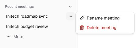 A recent meeting menu in the sidebar with Rename meeting and Delete meeting actions.
