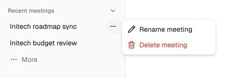 A recent meeting menu in the sidebar with Rename meeting and Delete meeting actions.