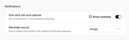 Calendar notification settings with Show example and a reminder sound selector.