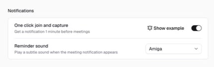 Calendar notification settings with Show example and a reminder sound selector.