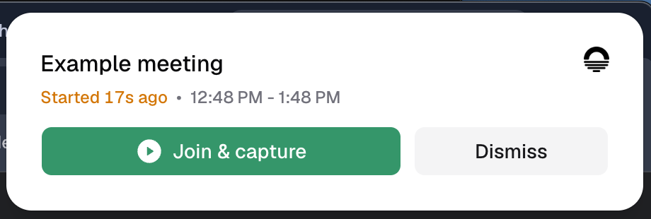 An Earmark desktop meeting notification with Join and capture and Dismiss actions.