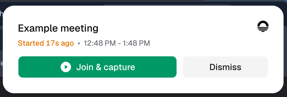 An Earmark desktop meeting notification with Join and capture and Dismiss actions.