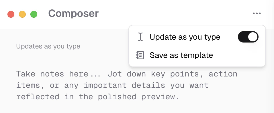 Fullscreen composer menu showing the Save as template option.