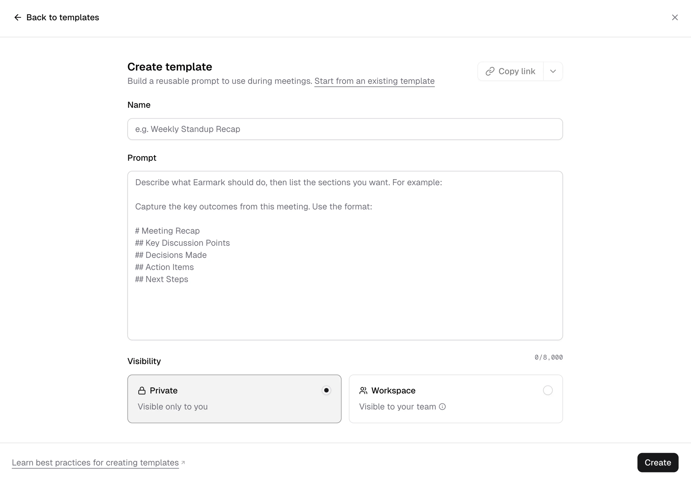 Custom template creation flow showing a template name, prompt, visibility controls, and copy-link actions.