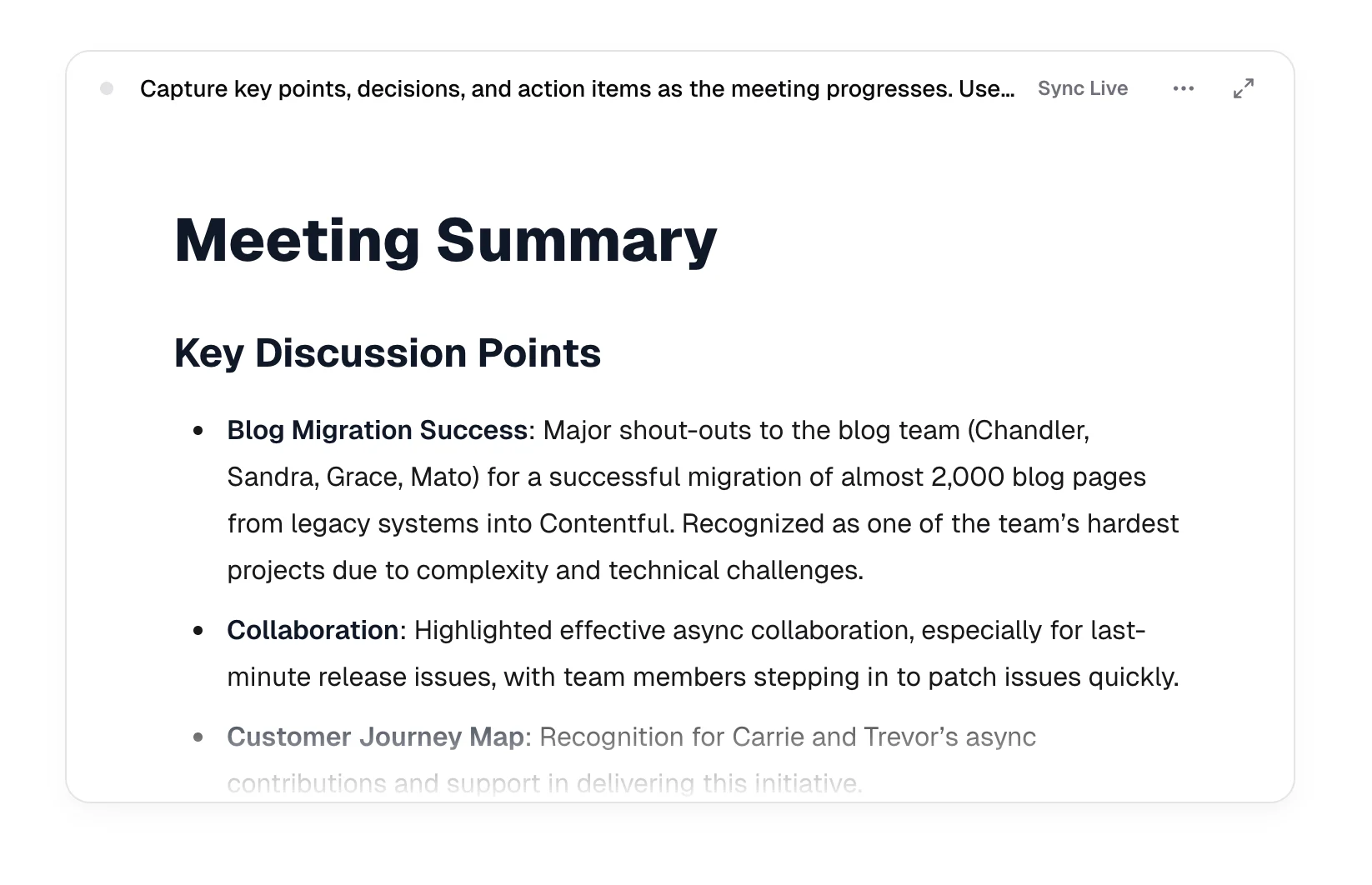 Meeting workspace showing the auto-created Real-Time Meeting Summary and Action Items task after a meeting ends.