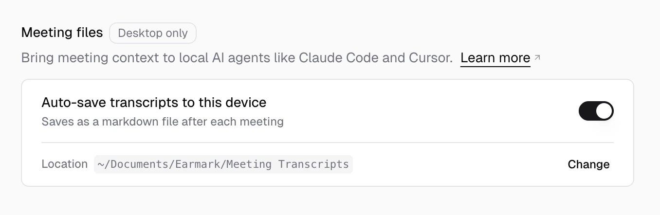 Settings panel showing the Meeting files section under Personalization with auto-save toggle and save location.